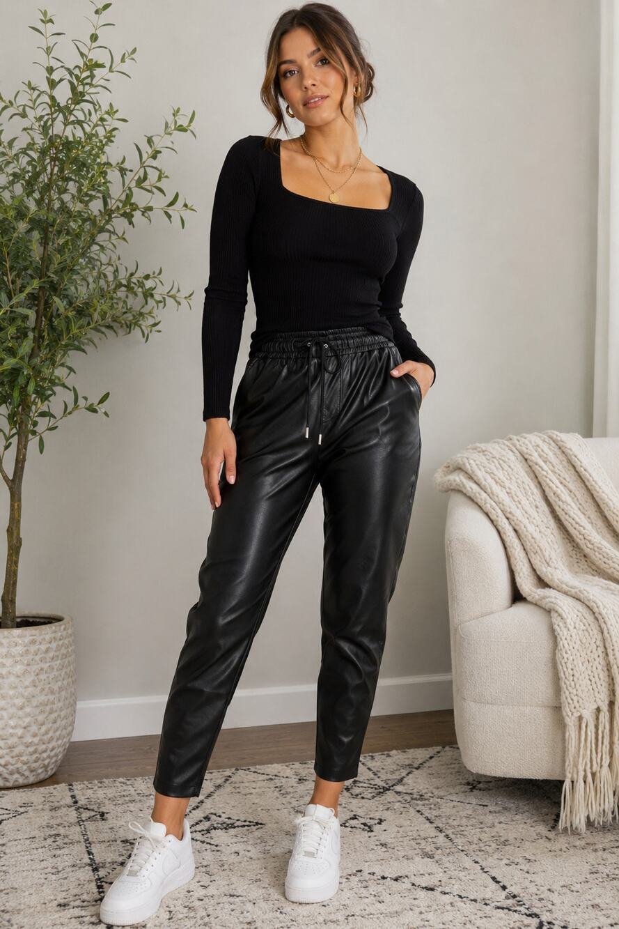 Love Tree Black Faux Leather Jogger Pants Drawstring Tapered Pull On Medium